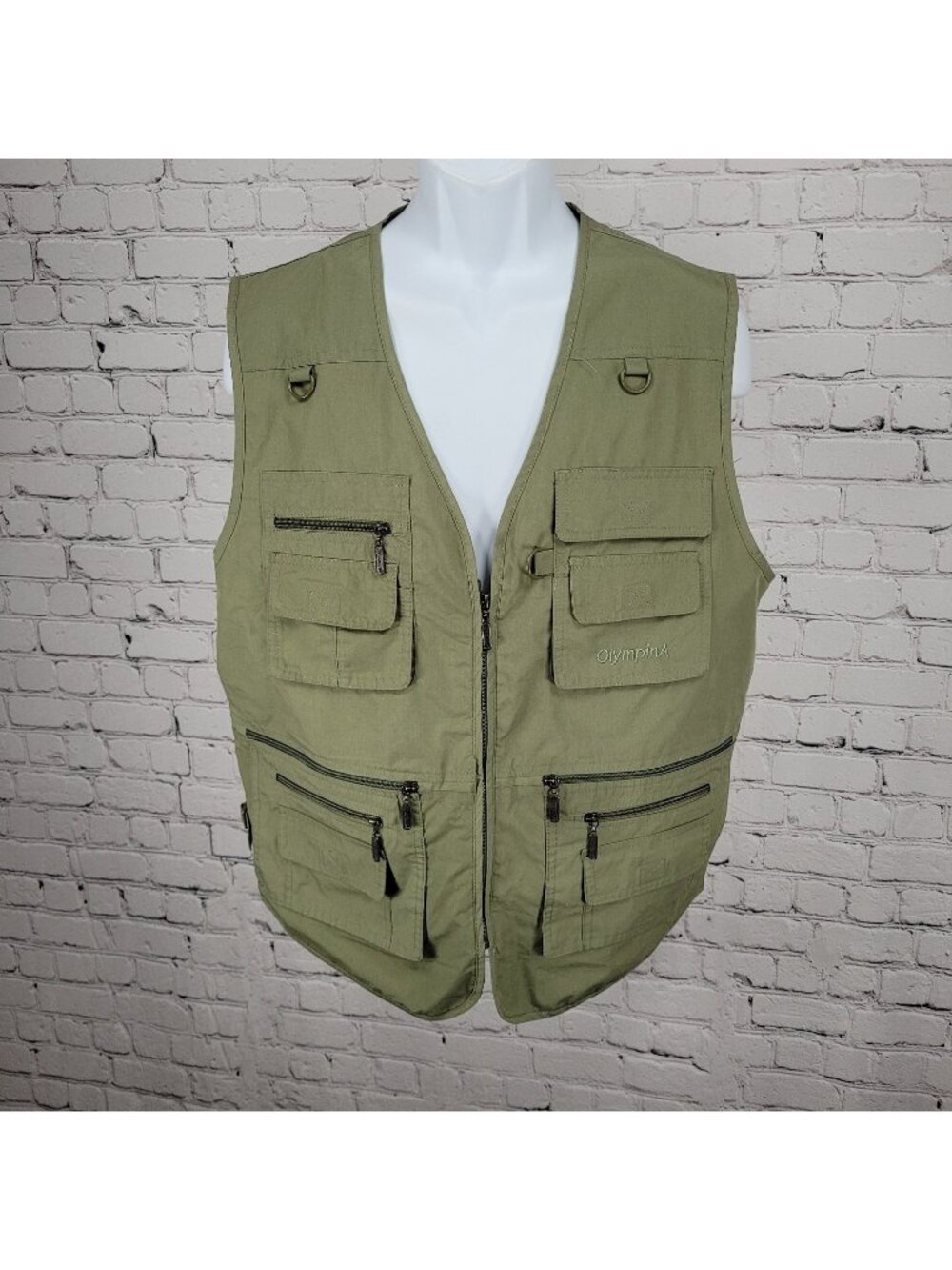 OlympinA Green Full Zip Utility Pockets Fishing Hunting Lightweight Vest Large L